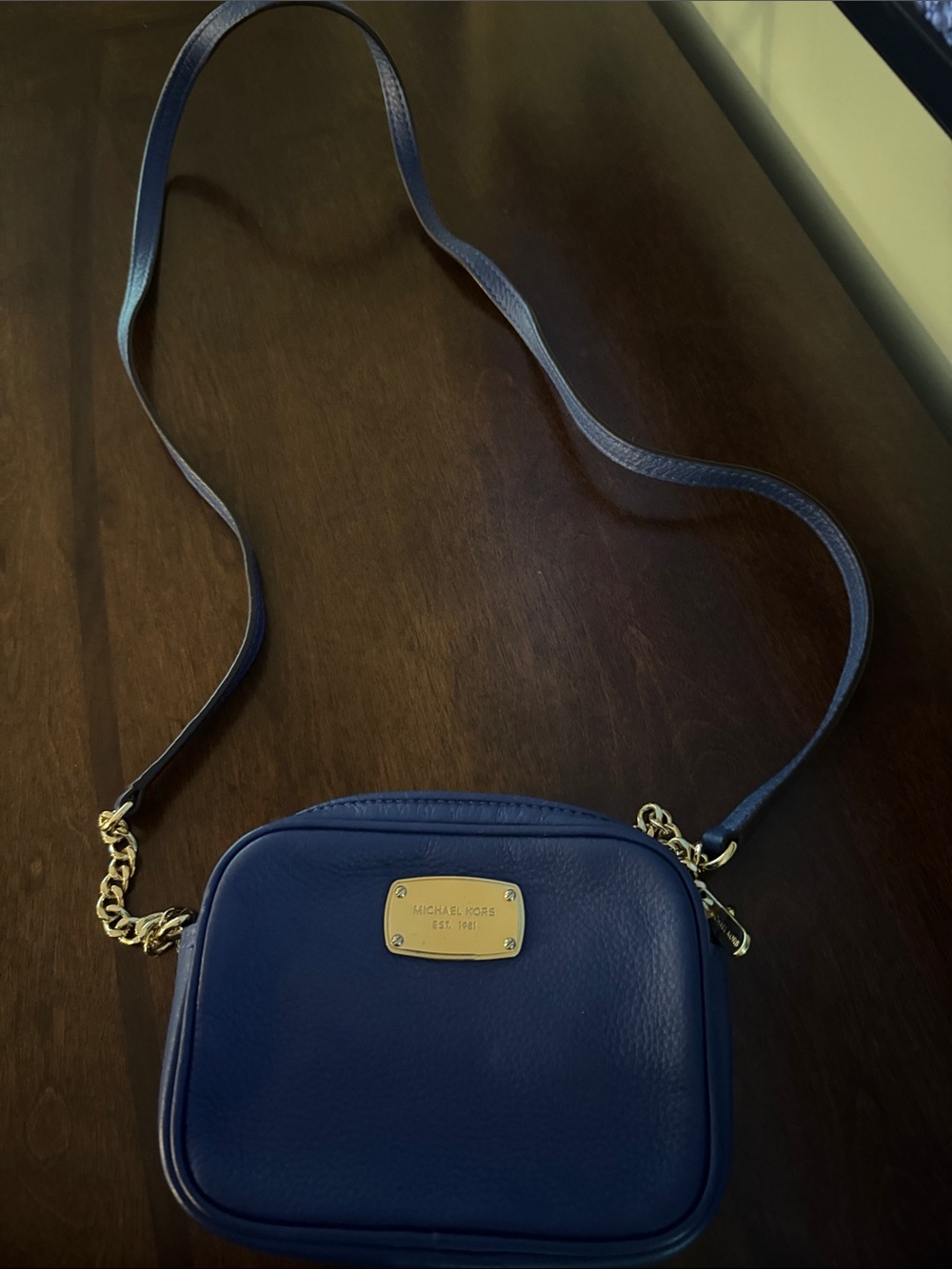 Michael Kors Deep Blue Leather Crossbody with Gold Plate